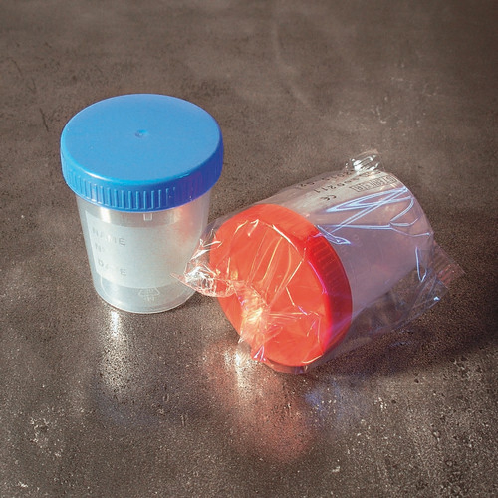 150 ML URINE CONTAINER , С поставена капачка , Светло син
